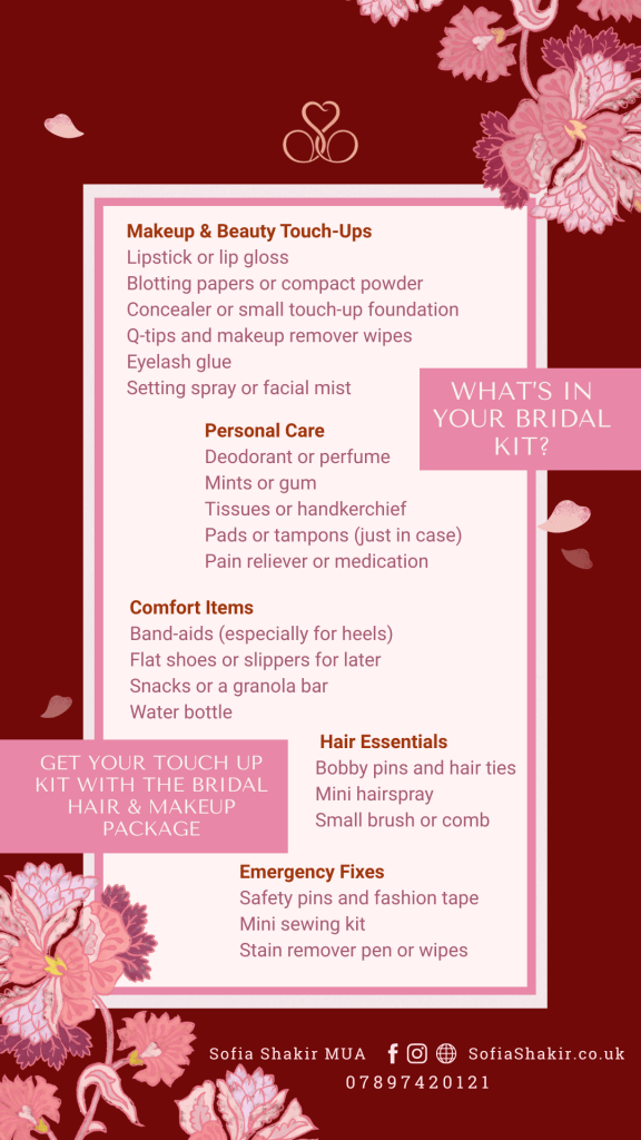 Bridal Kit, 2025 Bride, Hair Makeup, St. Albans, UK. London Colney, Hertfordshire, Sofia Shakir, Hair Makeup Artist, Bridal Services, Weddings, Beauty, Skincare, Asian, Traditional, Bride